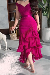 Off the Shoulder Sleeveless Long Formal Dress With Pleated Ruffle