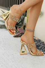 Sparkly Golden Sequin Open Toe Strappy Block Heel Sandals