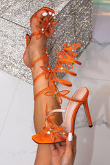 Sparkly Orange Beaded Strappy Stiletto Heel Sandals with Butterflies