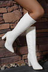 White Wide Calf Pointed Toe Knee High Chunky Heel Boots