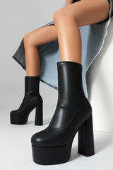 Black Round Toe Platform Chunky Heel Ankle Boots
