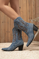 Dark Blue Wide Calf Pointed Toe Chunky Heel Embroidered Cowgirl Boots