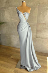One Shoulder Sleeveless Mermaid Split Long Formal Dress With Beading
