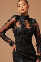 Stunning Black High Neck Long Sleeves Short Formal Dress With Flower Appliques