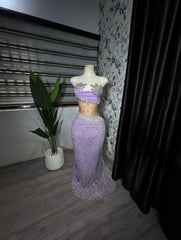 Charming Long Purple Strapless Beaded Glitter Mermaid Prom Dress