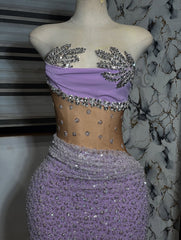 Charming Long Purple Strapless Beaded Glitter Mermaid Prom Dress