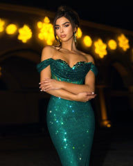 Sequins Dark Green Off the Shoulder Long Mermaid Formal Dress Gown