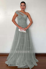 One Shoulder Sweetheart Sleeveless Long Formal Dress With Pleated