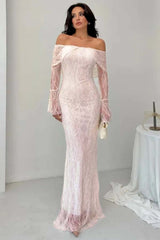 Off the Shoulder Long Sleeves Long Mermaid Formal Dress With Lace