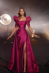 Bubble Sleeves Square Neck Long Mermaid Formal Dress With Split Pleated