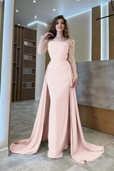 Long Sleeves Square Neck Long Mermaid Formal Dress With Pleated