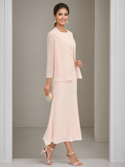 Sheath Column Jewel Neck Tea Length Mother Of The Bride Dresses With Jacket Beading