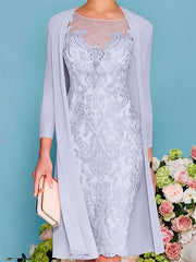 Sheath Column Scoop Long Sleeves Knee Length Mother Of The Bride Dresses With Lace Beading Appliques
