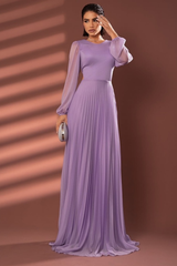 Chiffon Jewel Neck Long Sleeves Long Formal Dress With Pleated