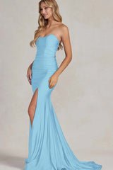 Strapless Sleeveless Long Mermaid Formal Dress With Split Pleated