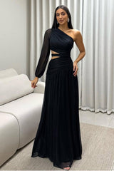 Chiffon One Shoulder Long Sleeves Long Formal Dress With Pleated