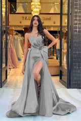 Chic Navy Blue Strapless Sleeveless Long Split Formal Dress With Bowknot