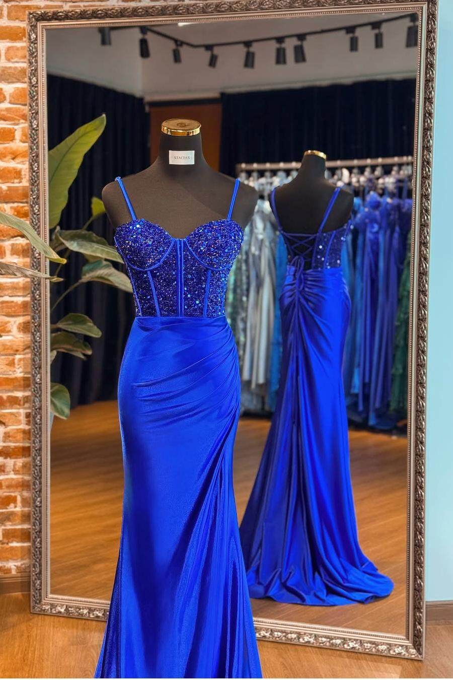 Spaghetti Strap Sweetheart Sleeveless Long Mermaid Formal Dress With Sequins