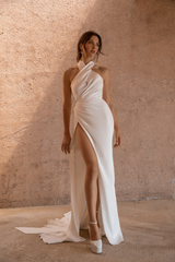 Halter Sleeveless Long Mermaid Formal Dress With High Split Pleated