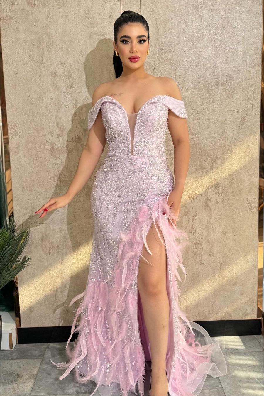Stunning Off the Shoulder Sleeveless Beaded Long Split Formal Dress With Feathers