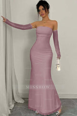 Strapless Long Mermaid Formal Dress With Detachable Sleeves Pleated