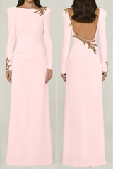 Long Sleeves Long Backless Formal Dress With Appliques Pleated