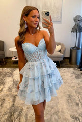 Sweetheart Lace Corset Homecoming Dress Tiered Ruffle Floral Chiffon Mini Open Back