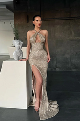 Halter Sleeveless Long Mermaid Formal Dress With Split Sequins