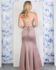 Satin Lace-up Back With High Split Sleeveless Spaghetti Strap Formal Dress
