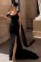 Black One Shoulder Sleeveless Split Mermaid Long Ruffles Formal Dress