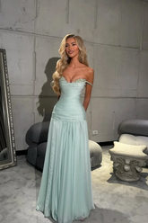 Off the Shoulder Sleeveless Long Formal Dress With Pleated Sequins
