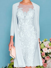 Sheath Column Scoop Long Sleeves Knee Length Mother Of The Bride Dresses With Lace Beading Appliques