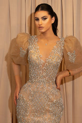 Deep V Neck Beads Long Sleeves Lace Appliques Pleated Formal Dress With Ruffles