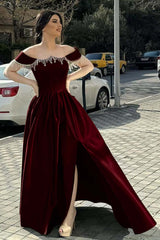 Off the Shoulder Sleeveless Long Split Formal Dress With Pleated Beading