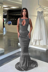 Jewel Neck Sleeveless High Waist Mermaid Formal Dress With Pleated