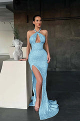 Halter Sleeveless Long Mermaid Formal Dress With Split Sequins