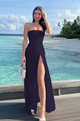 Strapless Sleeveless Long High Split Formal Dress With Ruffles