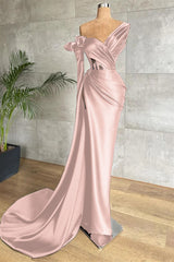 Black One Shoulder Long Sleeve Lace Pleated Long Formal Dress With Side Split