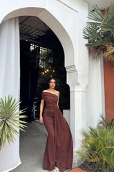 One Shoulder Sleeveless Strapless Pleated Mermaid Long Formal Dress With Ruffles