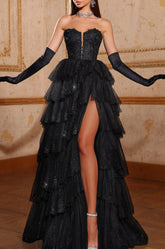 Formal Dress Long Tulle With Slit Gloves Gown V Neck Sleeveless