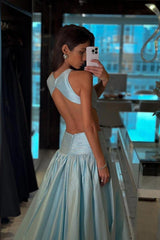 Jewel Neck Backless Sleeveless A Line Long Formal Dress With Pleated