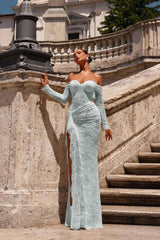 Off the Shoulder Long Sleeves Long Mermaid Formal Dress With Lace Appliques