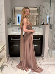 Mocha Satin A-line Evening Dress Strapless Ruched Bodice Wrap Scarf Neck Formal Gown with Split