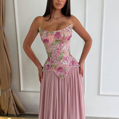 Pink Floral Appliques Strapless A-Line Long Prom Dress with Sequins