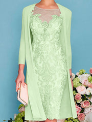 Sheath Column Scoop Long Sleeves Knee Length Mother Of The Bride Dresses With Lace Beading Appliques