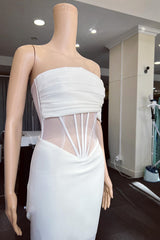 White Off the Shoulder Strapless Mermaid Formal Dress With Pleated