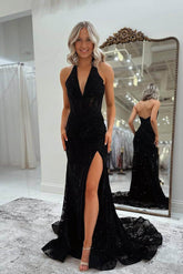 Black Halter Sleeveless V Neck Mermaid Long Formal Dress With Split