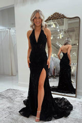 Black Halter Sleeveless V Neck Mermaid Long Formal Dress With Split
