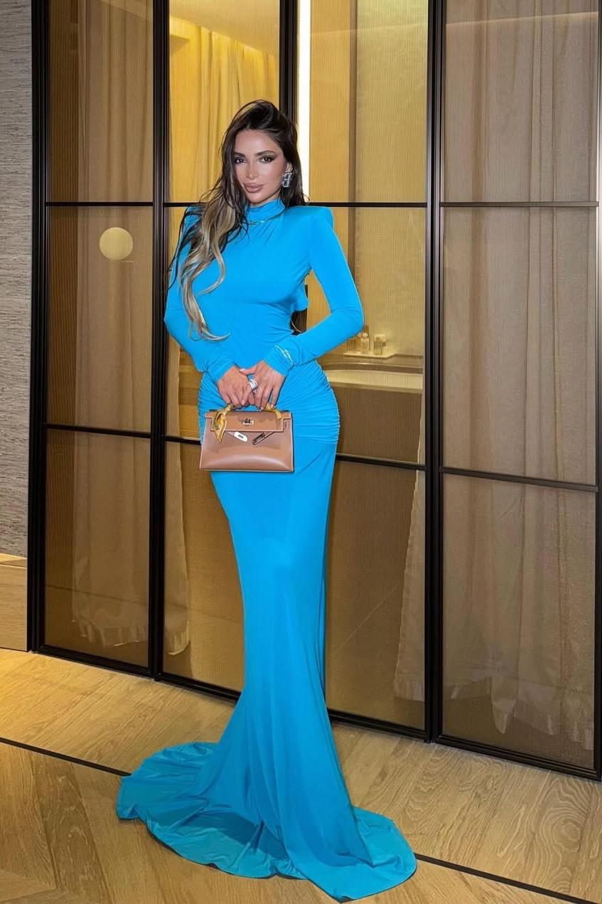 High Neck Long Sleeves Open Back Mermaid Long Formal Dress With Pleated