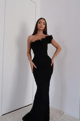 Black One Shoulder Sleeveless Lace Appliques Mermaid Long Formal Dress